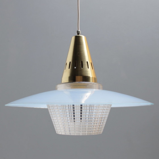 Image 1 of Hanglamp van Messing en Blauw Glas