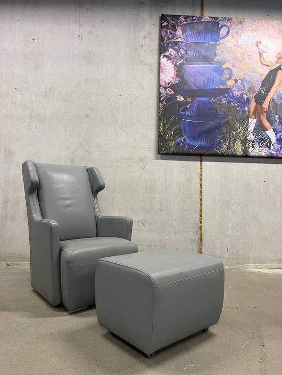 Image 1 of Rolf Benz Fauteuil + poef grijs leer