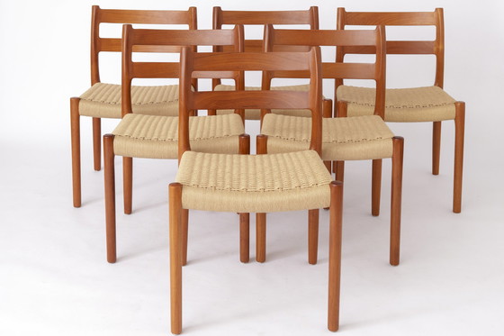 Image 1 of 6 Niels Moller Mid century teakhouten eetkamerstoelen met papercord zittingen door Niels O. Møller voor JL Moller, Model 84, Den