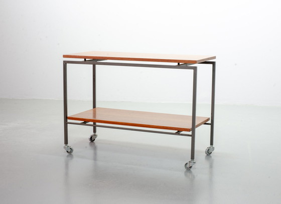 Image 1 of Minimalistische Stiemsma Verrijdbare Bijzettafel / Trolley met Twee Teak Lagen op een Zwart Stalen Frame. Nederland, jaren 60.