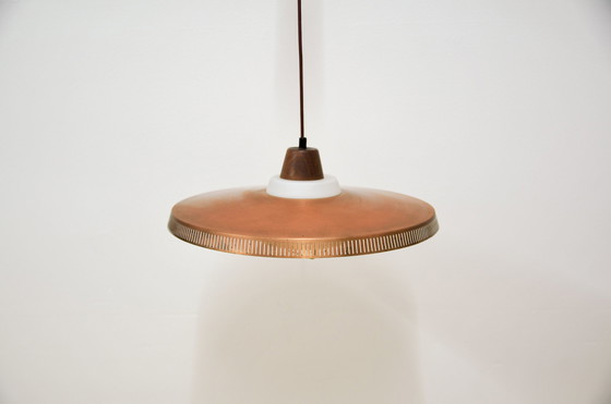 Image 1 of koperen melkglas & teakhouten hanglamp Bent Karlby