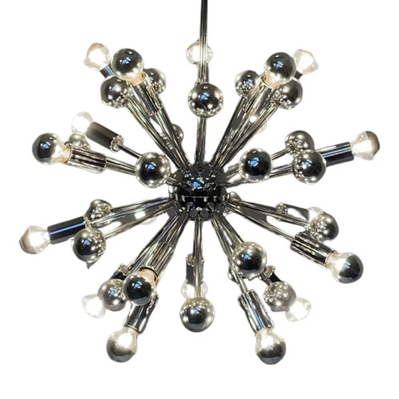 Image 1 of Vintage - Plafondlamp Chandelier - Model Sputnik (XL) - Space age design / pop art - Volledig chroom - Nog maar één beschikbaar!