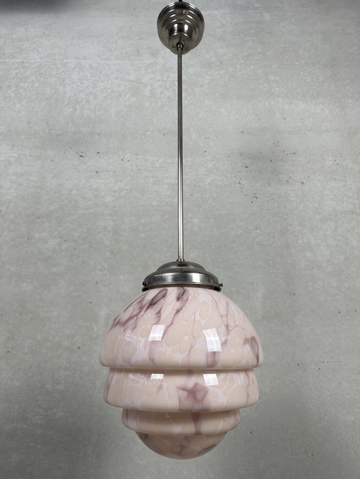 Art deco rosé gemarmerde opaline hanglamp