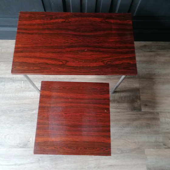 Image 1 of Mid Century Teak houten Bijzettafeltjes met Chrome poten