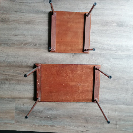 Image 1 of Mid Century Teak houten Bijzettafeltjes met Chrome poten