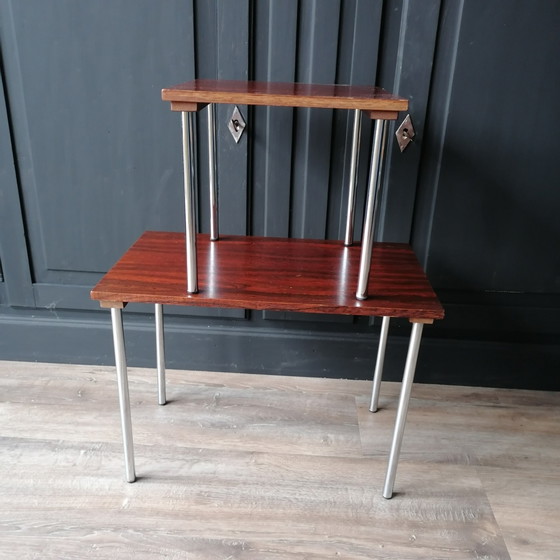 Image 1 of Mid Century Teak houten Bijzettafeltjes met Chrome poten