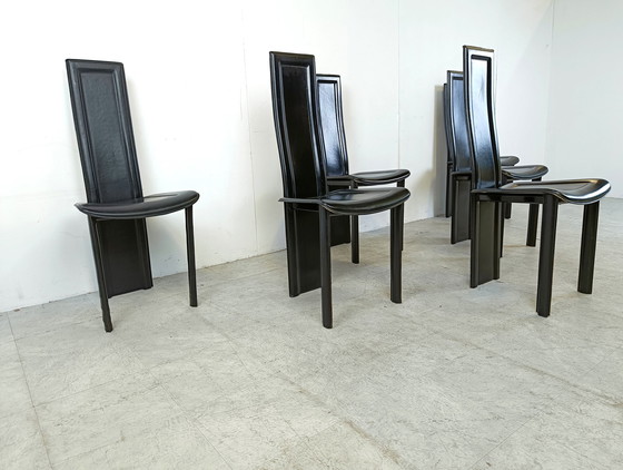 Image 1 of 6x vintage zwart leren eetkamerstoelen met hoge rugleuning