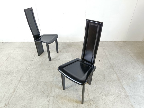 Image 1 of 6x vintage zwart leren eetkamerstoelen met hoge rugleuning