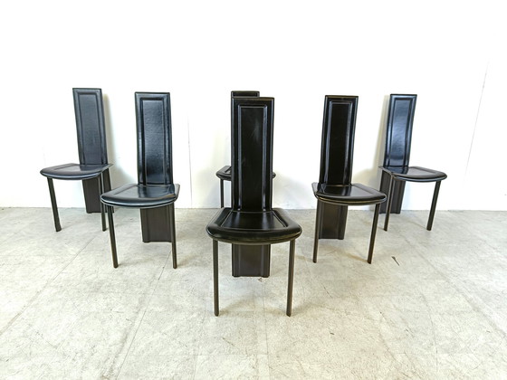 Image 1 of 6x vintage zwart leren eetkamerstoelen met hoge rugleuning