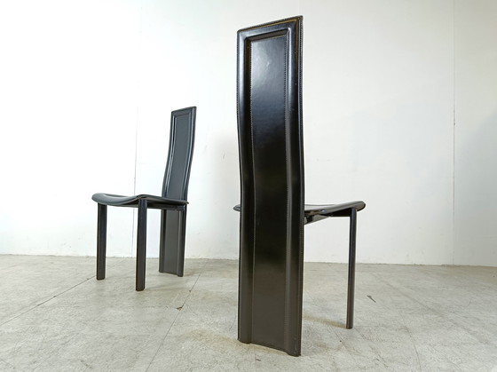 Image 1 of 6x vintage zwart leren eetkamerstoelen met hoge rugleuning