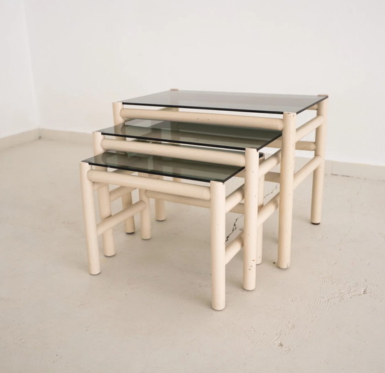 Image 1 of 3x Vintage bamboe bijzettafel