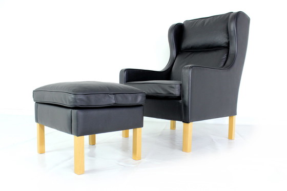 Image 1 of als nieuw! MOGENS HANSEN Deense Relax Lounge Chair / vleugelfauteuil met voetenbank, premium dik leer, nieuwprijs ca. 4300 euro