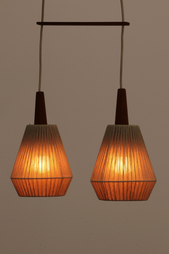 Image 1 of Vintage hanglamp met twee kapjes en teak,1960 Zweden