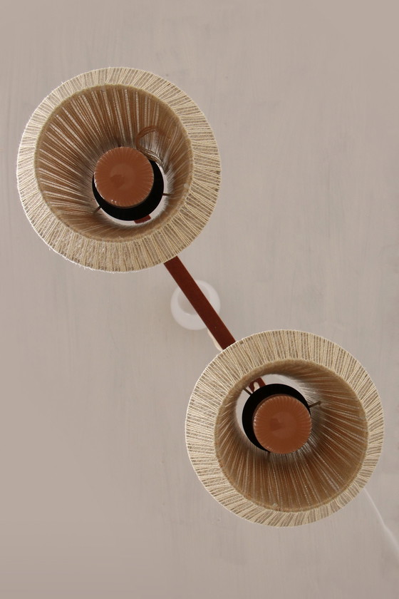 Image 1 of Vintage hanglamp met twee kapjes en teak,1960 Zweden