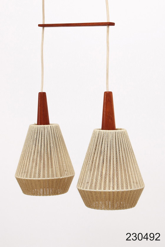 Image 1 of Vintage hanglamp met twee kapjes en teak,1960 Zweden