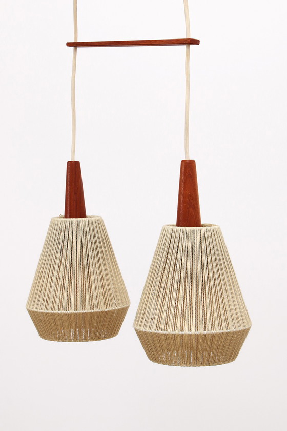 Image 1 of Vintage hanglamp met twee kapjes en teak,1960 Zweden