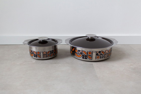 Image 1 of 2 C&S inox vintage kookpannen met bruin geëmailleerde deksels