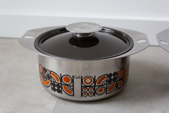 Image 1 of 2 C&S inox vintage kookpannen met bruin geëmailleerde deksels