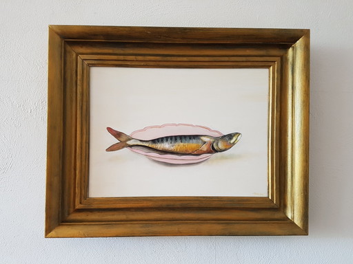 Aone T. Postma, Gerookte makreel op bord schilderij – schilderijen tekeningen, Canvas, Modern