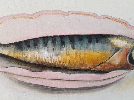 Image 1 of Aone T. Postma, Gerookte makreel op bord schilderij