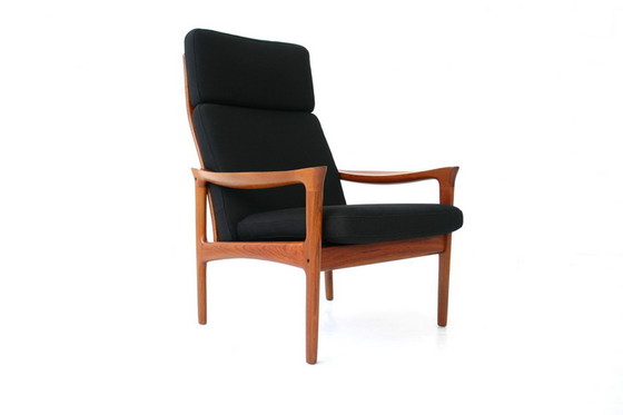 Image 1 of Glostrup Mid-Century Deense teakhouten loungestoel toegeschreven aan Illum Wikkelso, nieuwe hoes, nieuwe banden