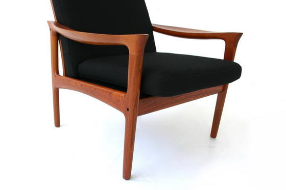 Image 1 of Glostrup Mid-Century Deense teakhouten loungestoel toegeschreven aan Illum Wikkelso, nieuwe hoes, nieuwe banden