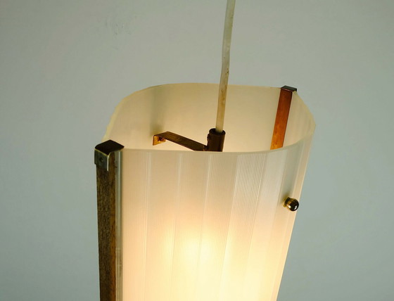 Image 1 of Deense moderne hanglamp teak getextureerd glas jaren 50