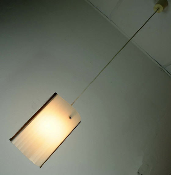 Image 1 of Deense moderne hanglamp teak getextureerd glas jaren 50