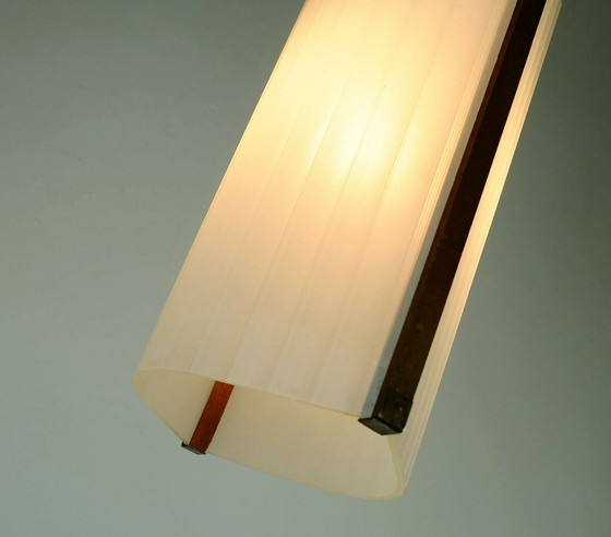 Image 1 of Deense moderne hanglamp teak getextureerd glas jaren 50