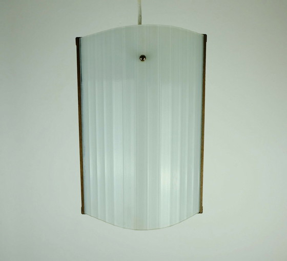 Image 1 of Deense moderne hanglamp teak getextureerd glas jaren 50