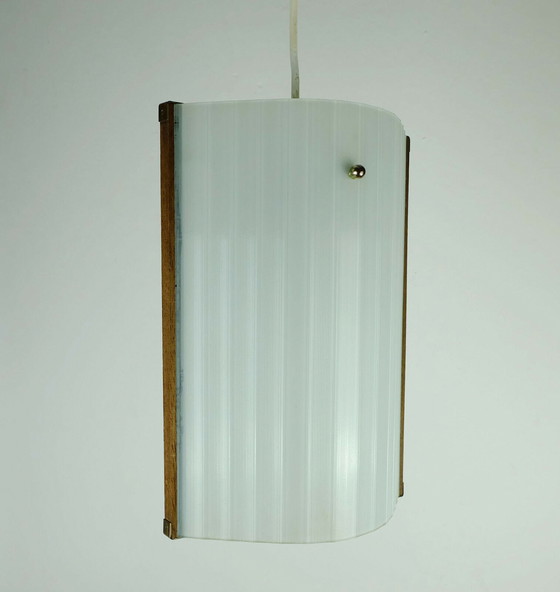 Image 1 of Deense moderne hanglamp teak getextureerd glas jaren 50