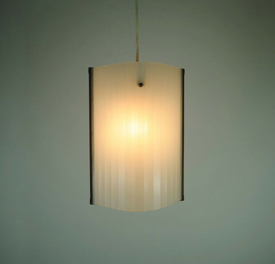 Image 1 of Deense moderne hanglamp teak getextureerd glas jaren 50