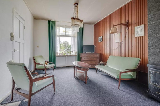 Image 1 of Vintage bankstel + twee fauteuils met lichtgroene velours bekleding