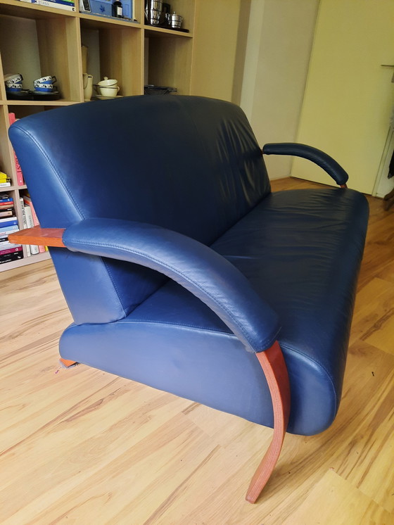 Image 1 of Montel blauwe tweezitsbank plus fauteuil