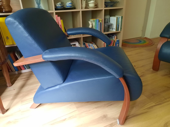 Image 1 of Montel blauwe tweezitsbank plus fauteuil