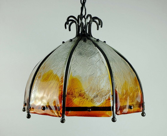 Image 1 of Brutalist hanglamp smeedijzeren glas jaren 60 70