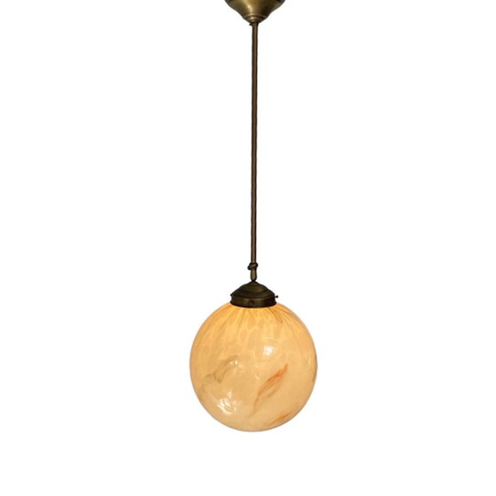 Image 1 of Kunst deco - Hangende hanglamp met gemarmerd glas - Messing kader - Zeer groot, in hoogte verstelbaar