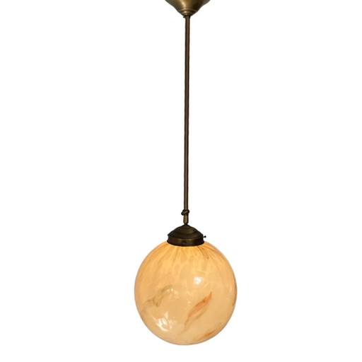 Kunst deco - Hangende hanglamp met gemarmerd glas - Messing kader - Zeer groot, in hoogte verstelbaar