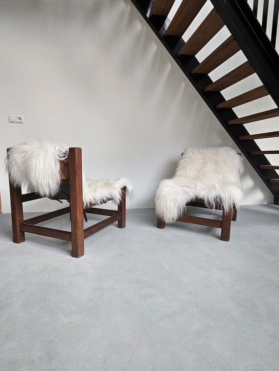 Image 1 of 2x Wengé houten Brutalist fauteuil