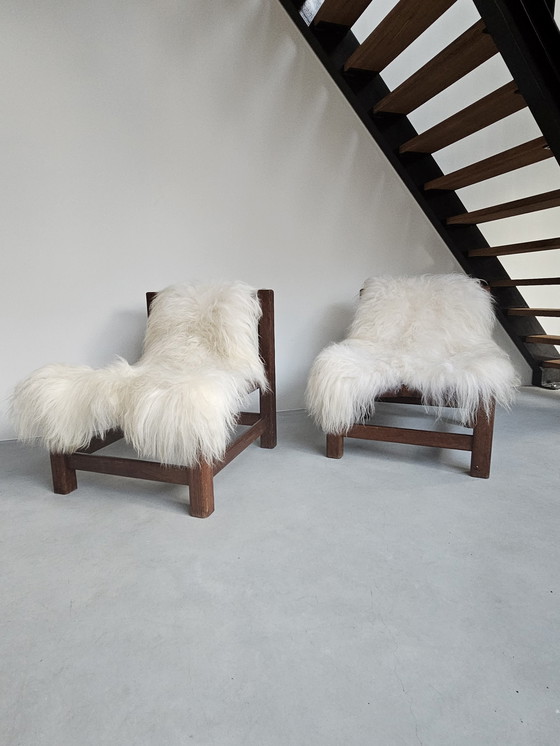 Image 1 of 2x Wengé houten Brutalist fauteuil