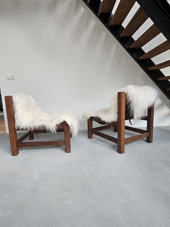 Image 1 of 2x Wengé houten Brutalist fauteuil