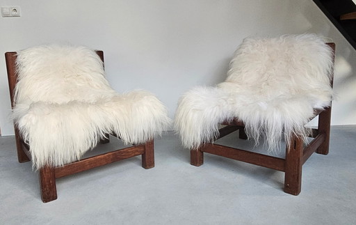 2x Wengé houten Brutalist fauteuil