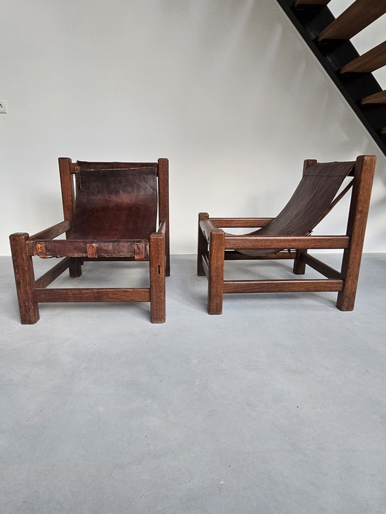 Image 1 of 2x Wengé houten Brutalist fauteuil