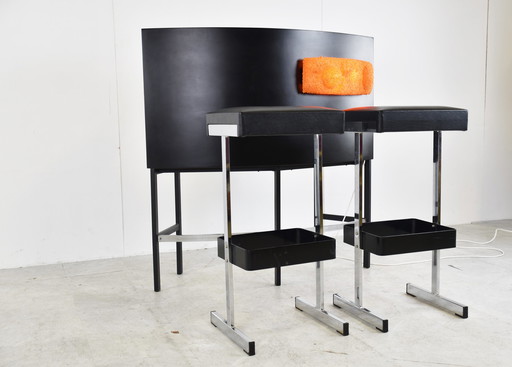 Vintage verlichte bar met krukken, jaren 70