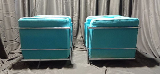 Image 1 of ALIVAR MVSEUM 2 set van 2 Celeste (Turquoise) Geribbeld Katoen LC 2 Fauteuils van Le Corbusier, P. Jeanneret, C. Perriand uit 19