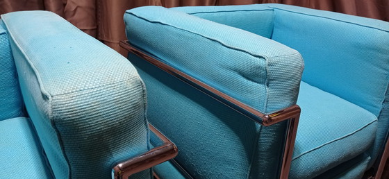 Image 1 of ALIVAR MVSEUM 2 set van 2 Celeste (Turquoise) Geribbeld Katoen LC 2 Fauteuils van Le Corbusier, P. Jeanneret, C. Perriand uit 19