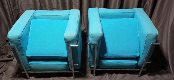 Image 1 of ALIVAR MVSEUM 2 set van 2 Celeste (Turquoise) Geribbeld Katoen LC 2 Fauteuils van Le Corbusier, P. Jeanneret, C. Perriand uit 19