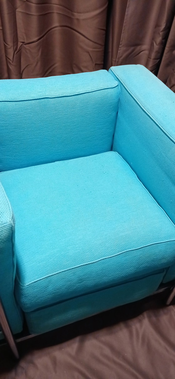 Image 1 of ALIVAR MVSEUM 2 set van 2 Celeste (Turquoise) Geribbeld Katoen LC 2 Fauteuils van Le Corbusier, P. Jeanneret, C. Perriand uit 19