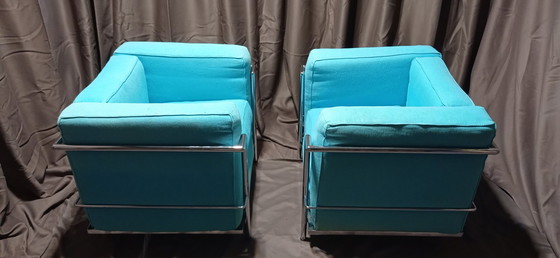 Image 1 of ALIVAR MVSEUM 2 set van 2 Celeste (Turquoise) Geribbeld Katoen LC 2 Fauteuils van Le Corbusier, P. Jeanneret, C. Perriand uit 19