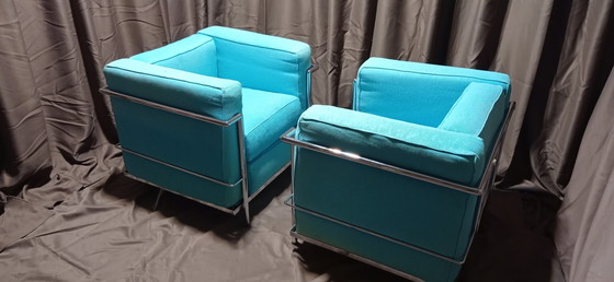 Image 1 of ALIVAR MVSEUM 2 set van 2 Celeste (Turquoise) Geribbeld Katoen LC 2 Fauteuils van Le Corbusier, P. Jeanneret, C. Perriand uit 19